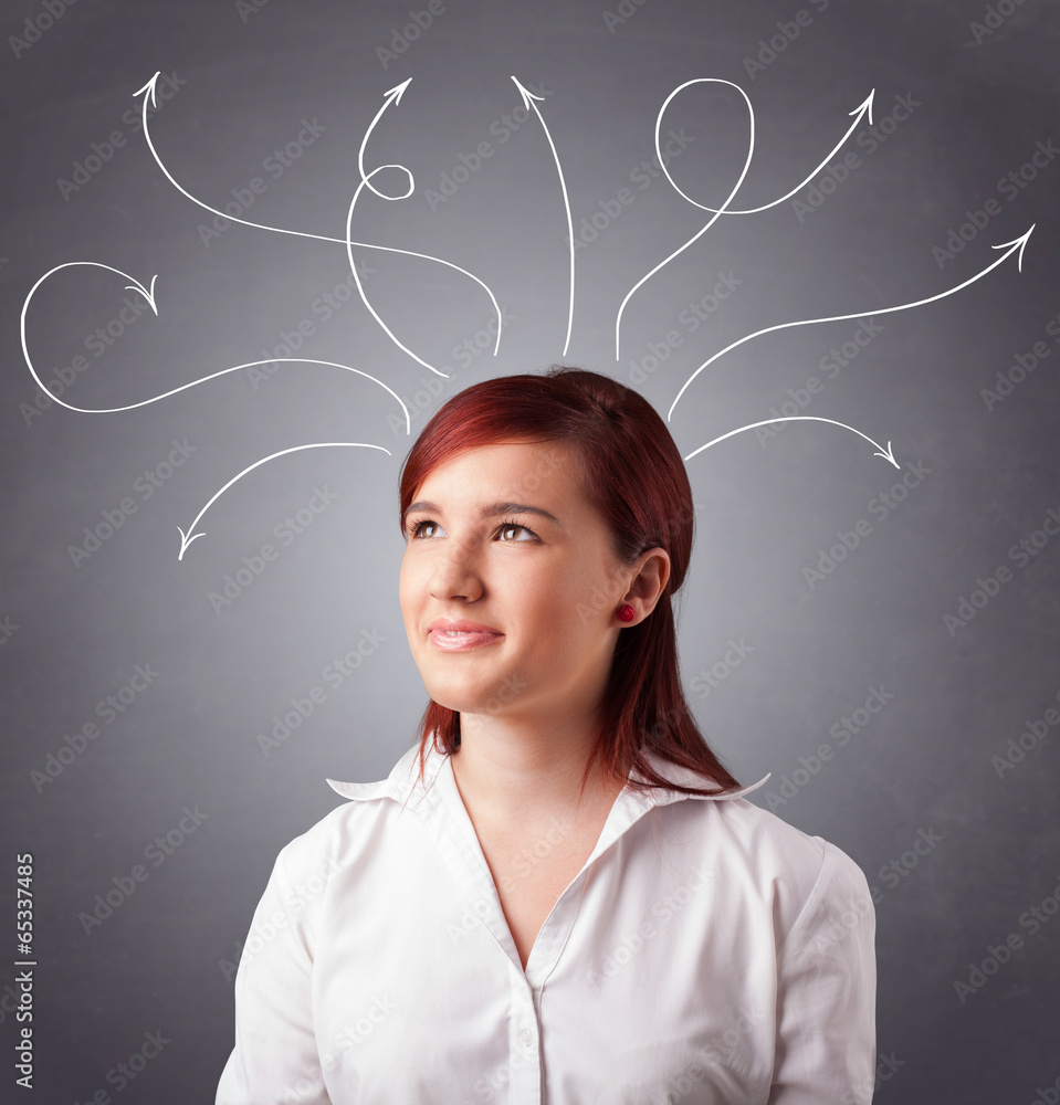 Young girl thinking with arrows overhead Young girl thinking with arrows overhead