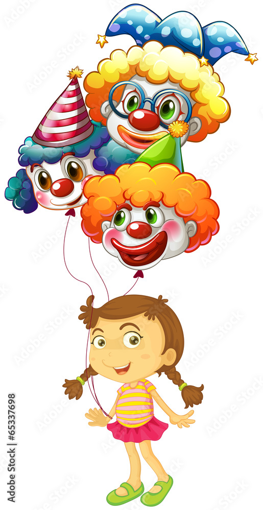 Fototapeta premium A young girl holding three clown balloons