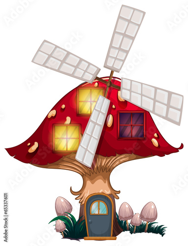 A mushroom house with a windmill