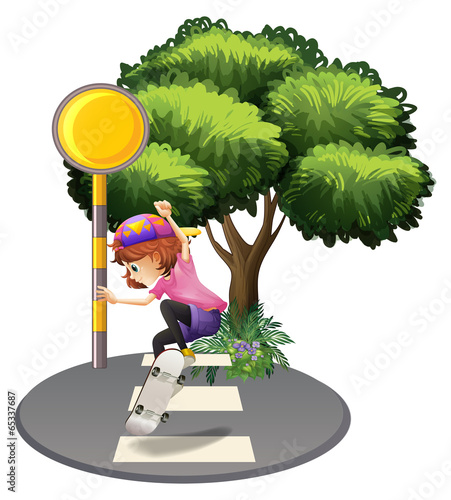 A young lady skating at the pedestrian lane