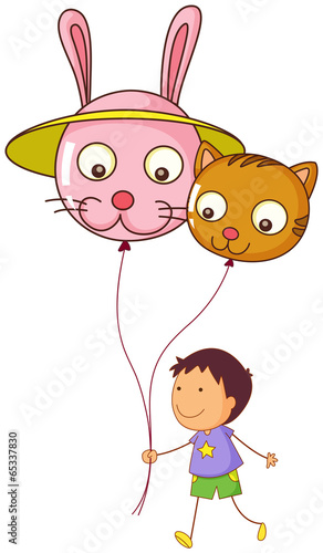 A young boy holding two balloons