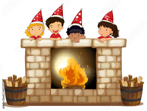 Playful kids at the fireplace