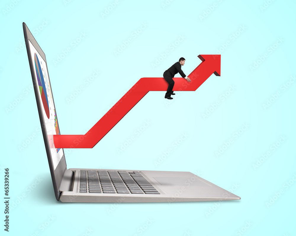 Businessman sitting on red arrow outstretched from screen Businessman sitting on red arrow outstretched from screen