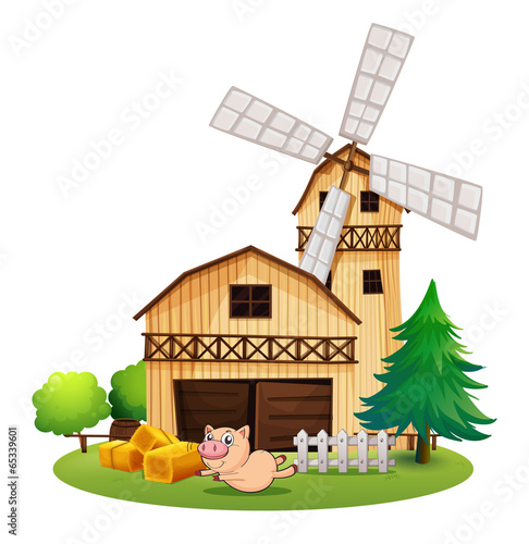 A wooden farmhouse with a playful pig