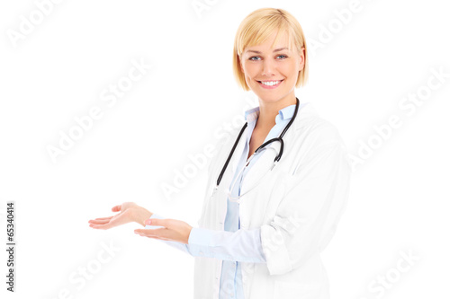 Happy doctor in a welcoming gesture