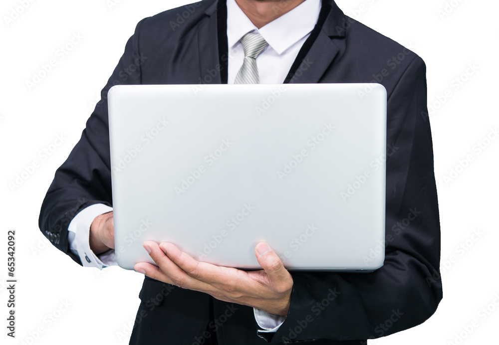 Businessman standing posture hand hold notebook laptop isolated Businessman standing posture hand hold notebook laptop isolated