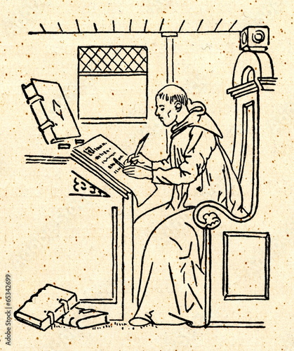 Obraz na płótnie Copying of manuscript by monastic scribe w salonie