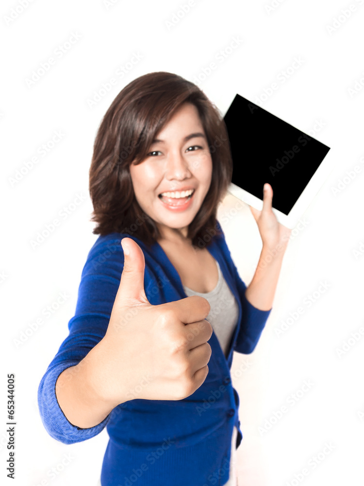 Isolated portrait of beautiful young woman thumb up with digital Isolated portrait of beautiful young woman thumb up with digital