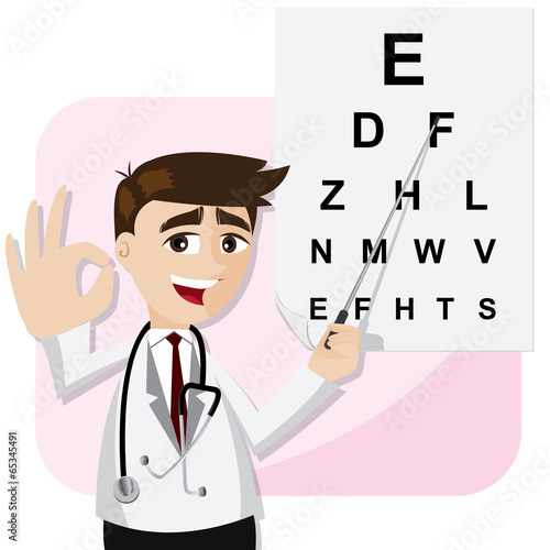 cartoon ophthalmologist with chart testing eyesight