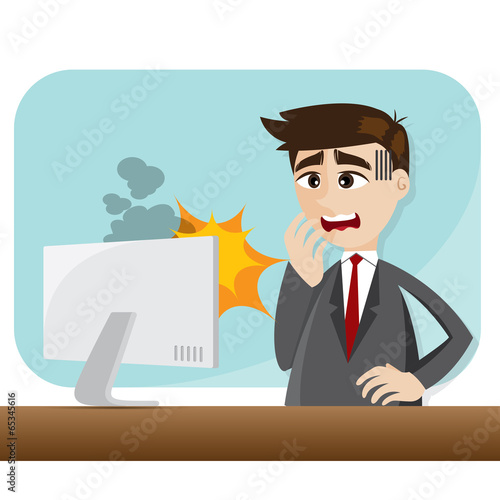 cartoon businessman with error computer