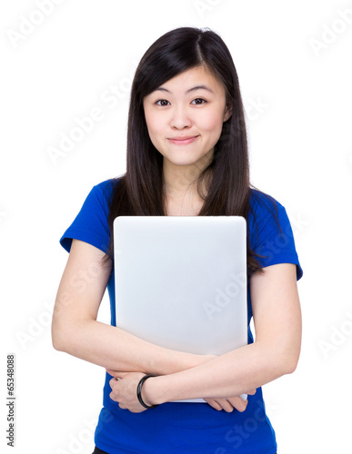 Asian woman holding with laptop
