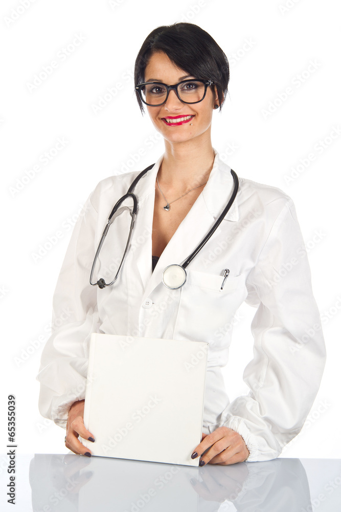 Attractive female doctor with white sign Attractive female doctor with white sign