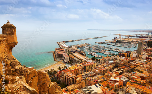 Canvas Print Alicante with docked yachts from castle. Spain