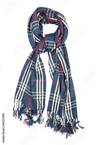 A scarf is woolen in a blue cage with red and white filaments