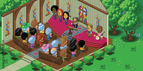 Vector Pixel Art Church Service