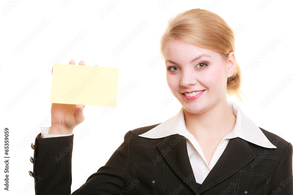 Ad. Businesswoman holding blank copy space card Ad. Businesswoman holding blank copy space card