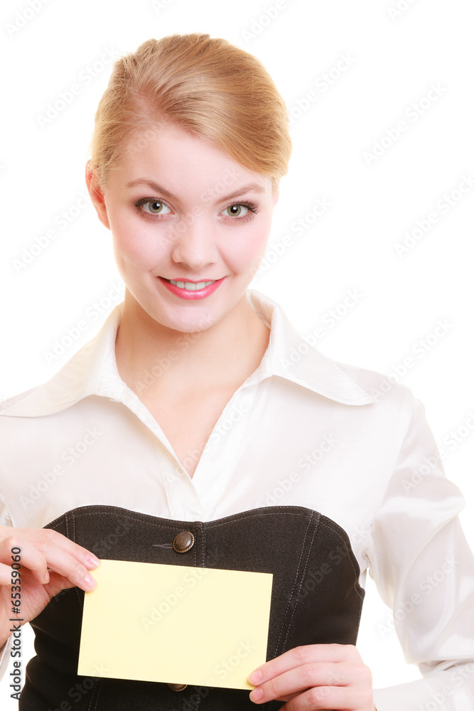 Ad. Businesswoman holding blank copy space card Ad. Businesswoman holding blank copy space card