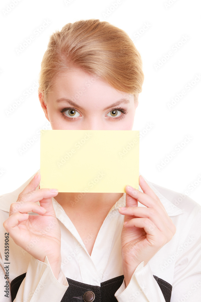 Ad. Businesswoman covering face with blank card Ad. Businesswoman covering face with blank card