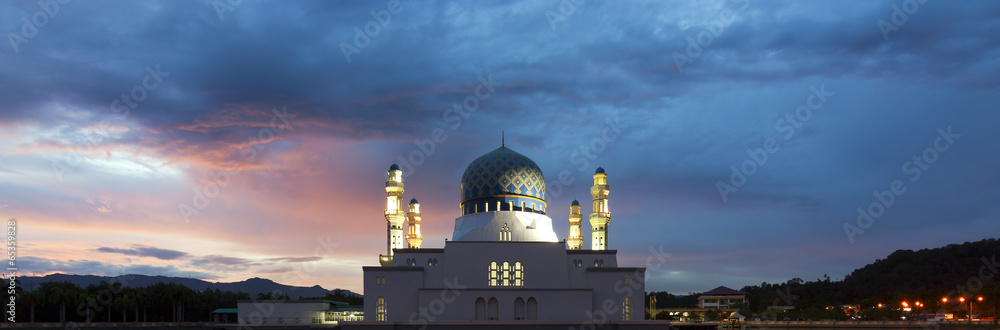 Kota Kinabalu mosque with dramatic and colorful clouds