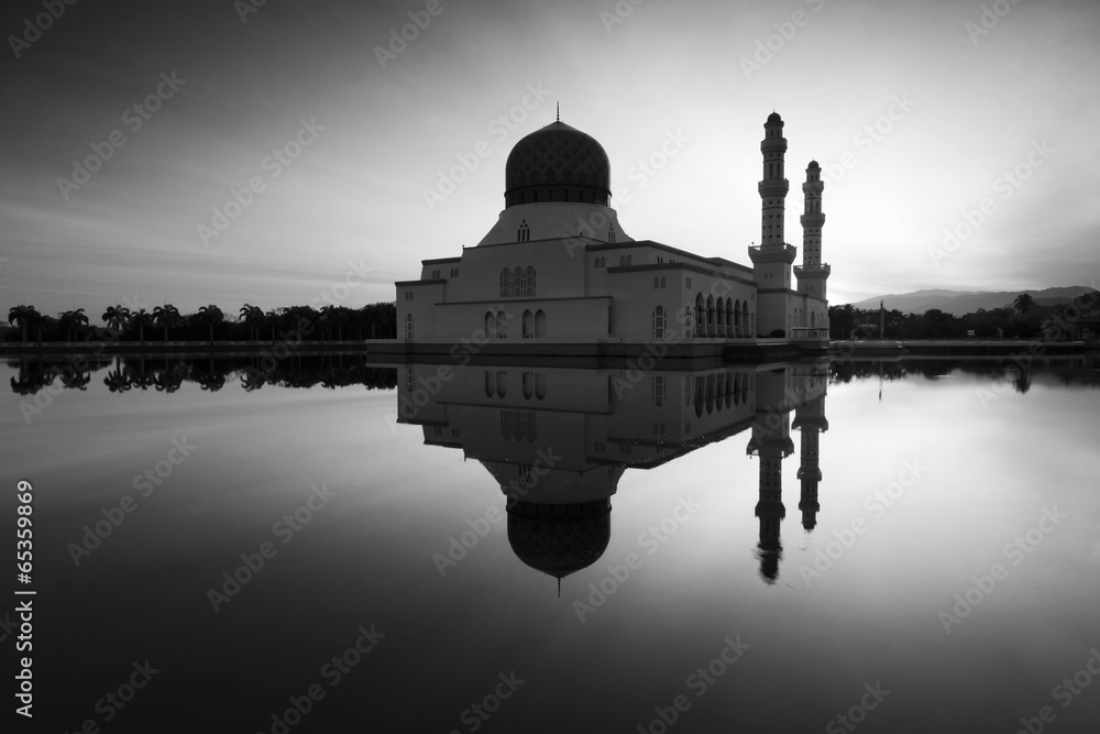 Reflection of Kota Kinabalu mosque in black and white