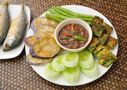 thai food, Fried Mackerel fish chili sauce and fried vegetable w