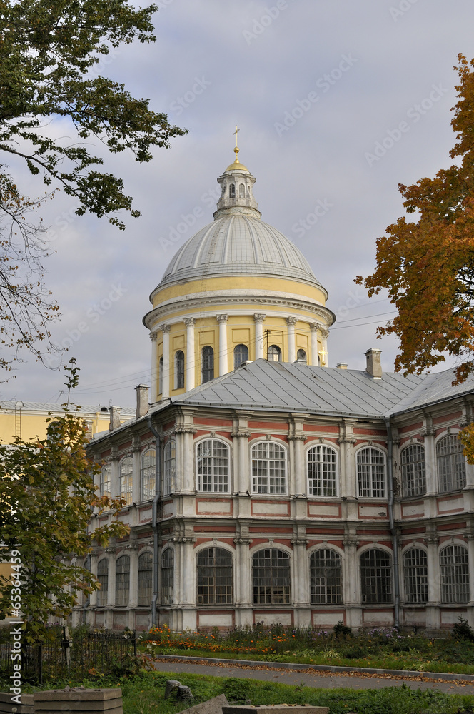Fototapeta premium Осень в Александро-Невской Лавре. Вид на купол Троицкого собора