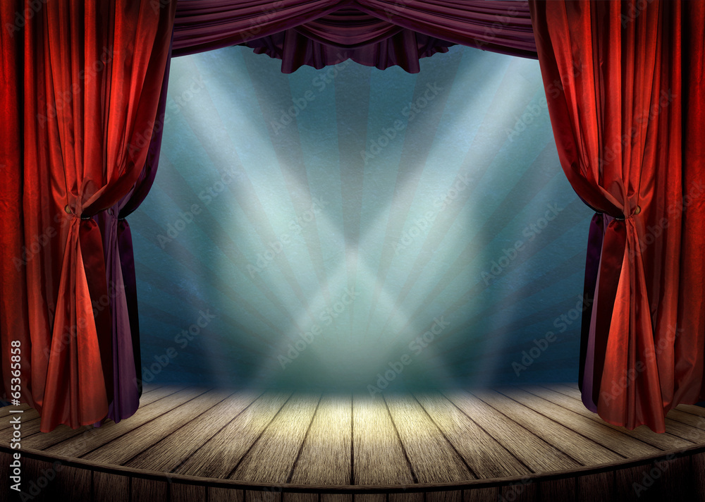 Theater stage with red curtains and spotlights - obrazy, fototapety, plakaty 