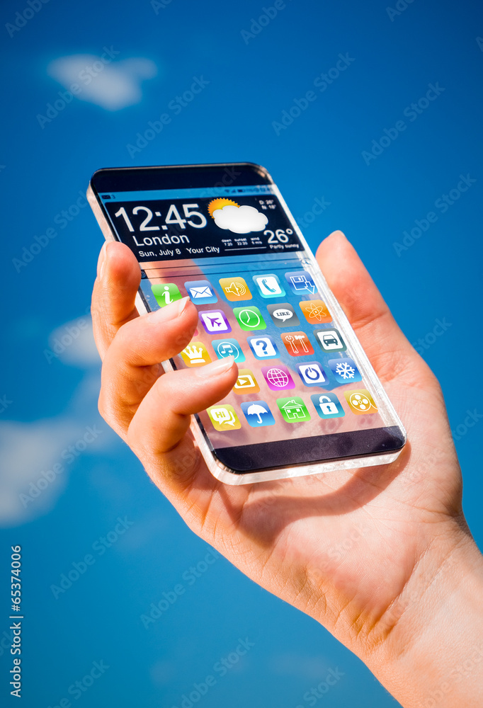 Smartphone with transparent screen in human hands. Smartphone with transparent screen in human hands.