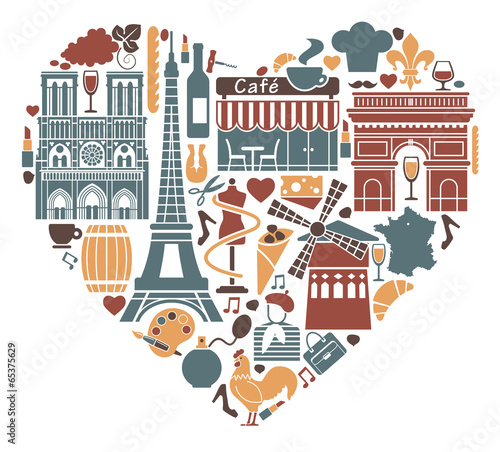 Traditional symbols of France in the form of heart