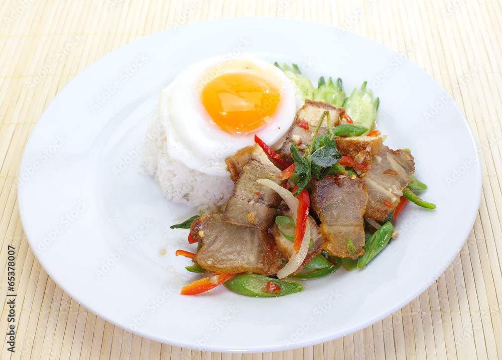 fried basil leaf with crispy pork and rice fried basil leaf with crispy pork and rice