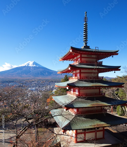 red pagoda chureito and mountain fuji from yamanashi prefecture