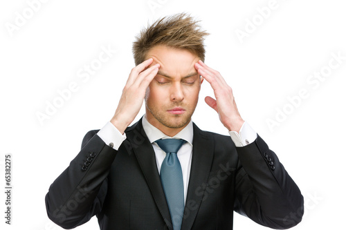 Half-length portrait of manager with closed eyes