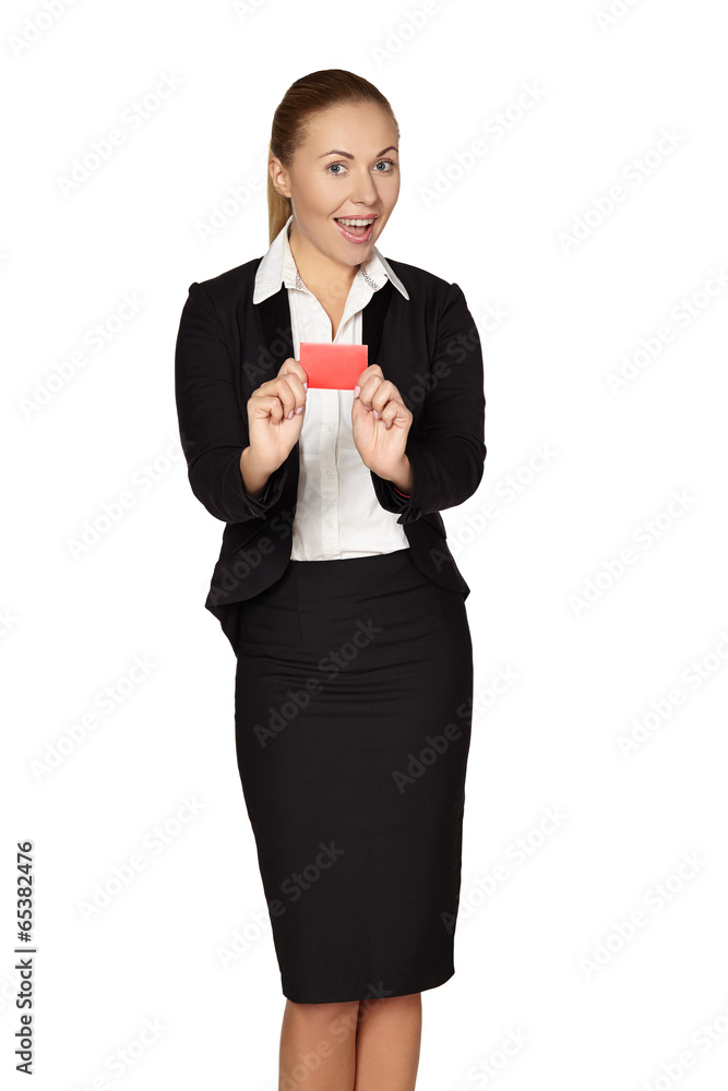 Smiling business woman handing a blank Smiling business woman handing a blank