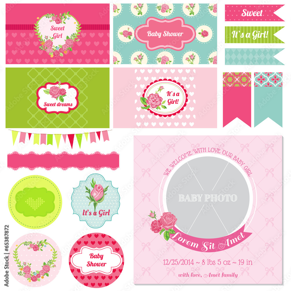 Scrapbook Design Elements - Baby Shower Flower Theme - in vector Scrapbook Design Elements - Baby Shower Flower Theme - in vector