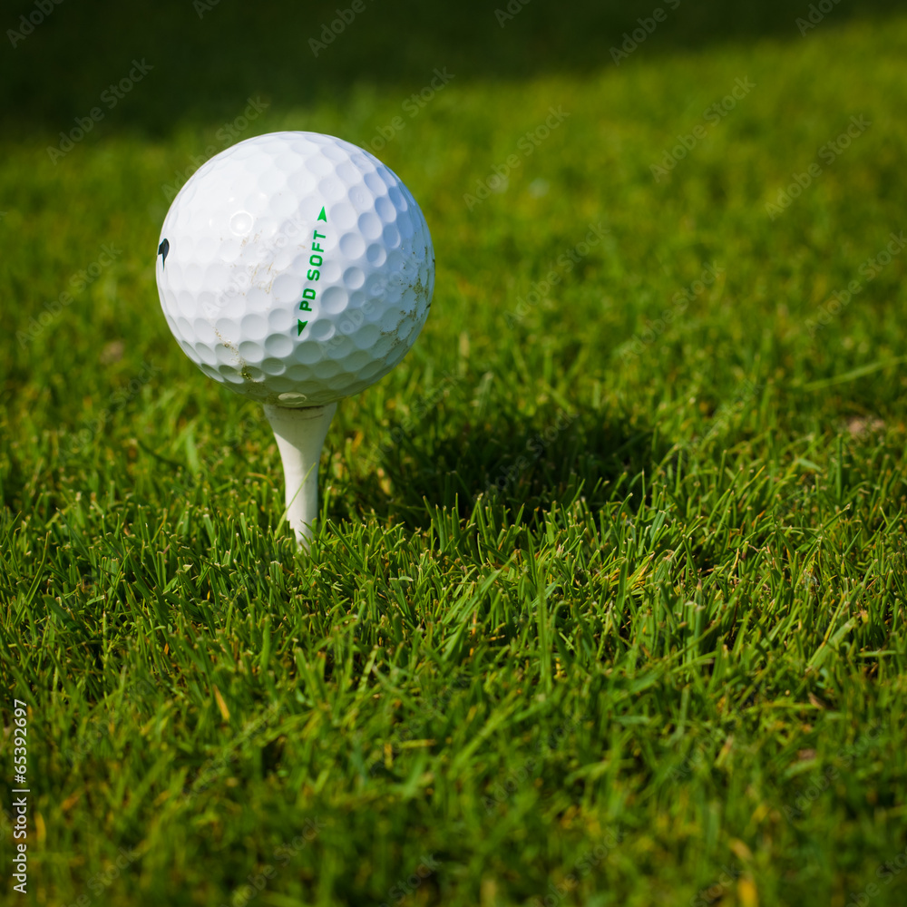 Golf ball on a tee against the golf course with copy space Golf ball on a tee against the golf course with copy space