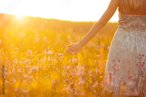 Fototapeta Naklejka Na Ścianę i Meble -  Flowers and the woman palm in the field