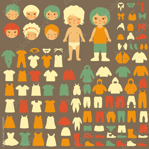 baby icons, paper doll, fashion isolated clothing silhouette