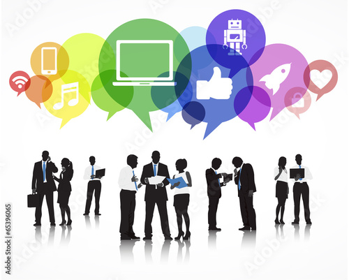 Silhouettes of Business People Working and Social Media Symbols