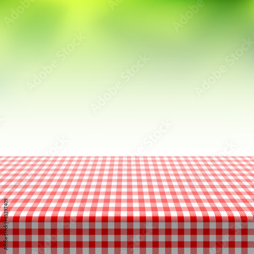 Picnic table covered with checkered tablecloth