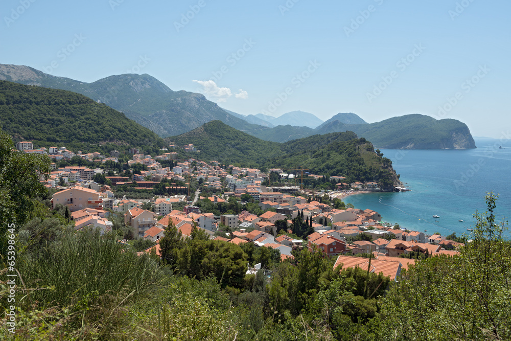 Panoramic view of coastline near Petrovac, Montenegro.