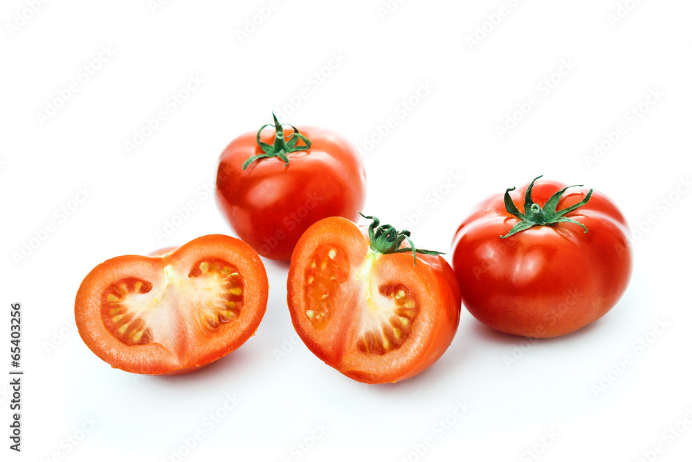 Fresh red Tomato and half slices on white background Fresh red Tomato and half slices on white background