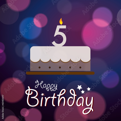 Happy 5th Birthday - Bokeh Vector Background with cake.