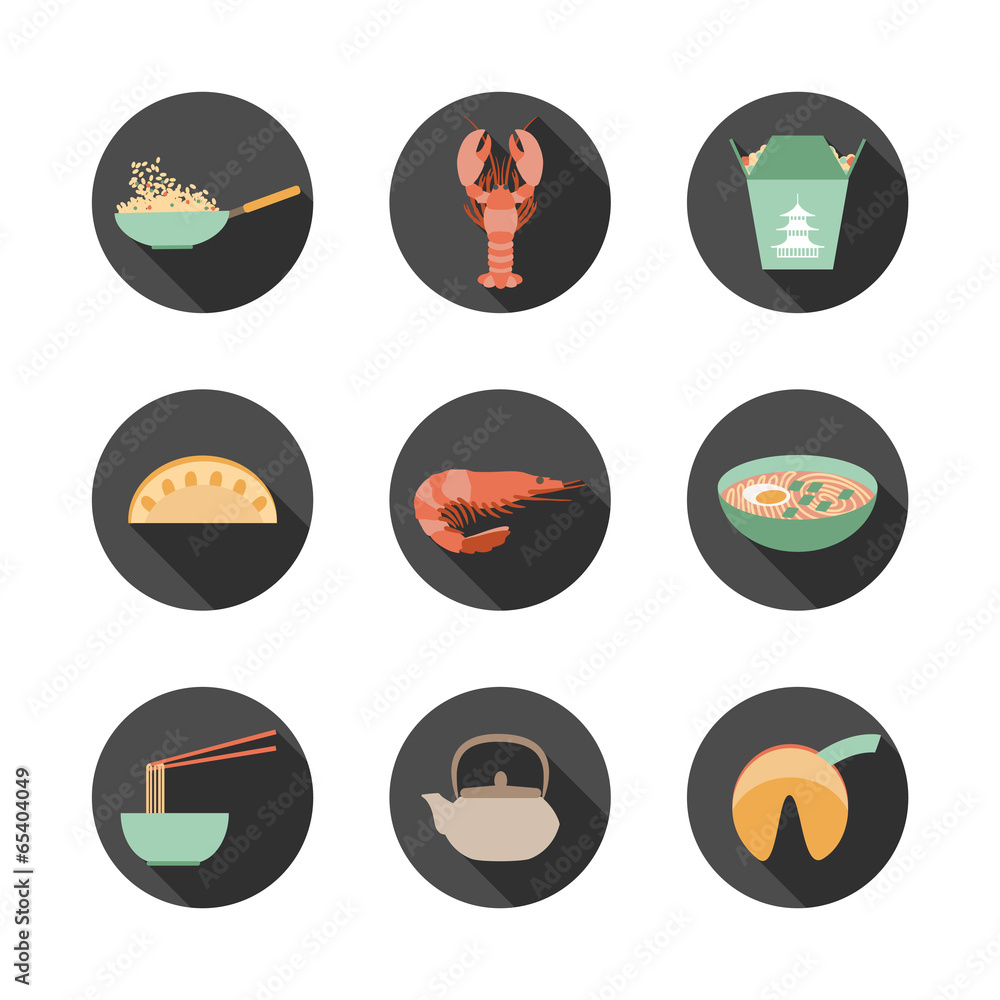 set of round flat icons with asian food
