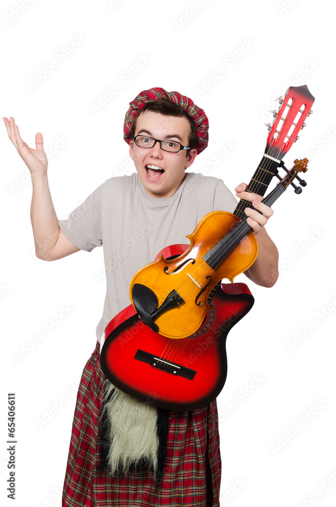 Funny scotsman with musical instrument isolated on white Funny scotsman with musical instrument isolated on white