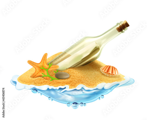 Bottle with a letter in the sand vector illustration