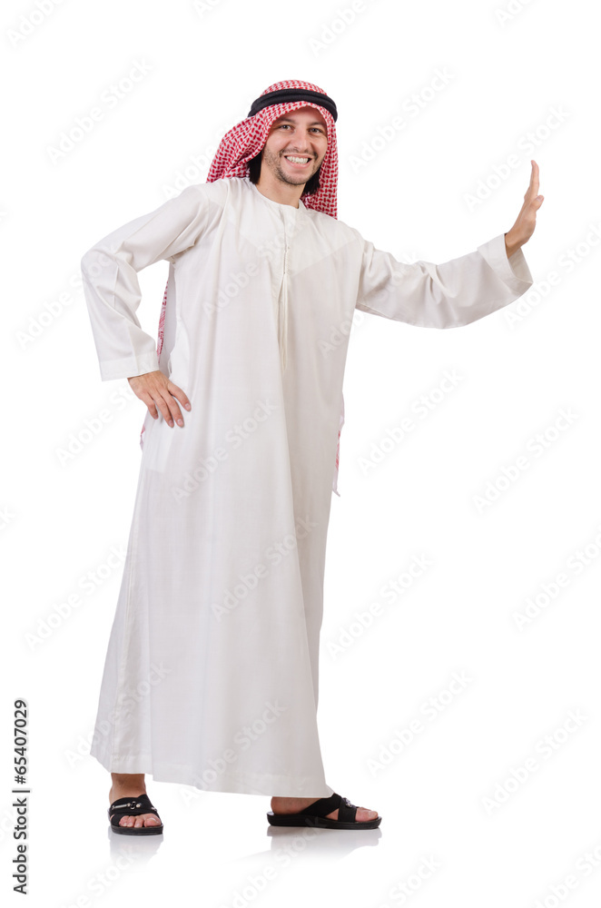 Arab man pushing away virtual obstacle isolated on white Arab man pushing away virtual obstacle isolated on white