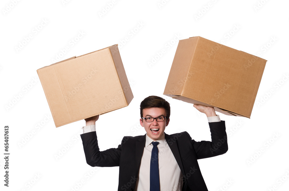 Funny man with boxes isolated on white