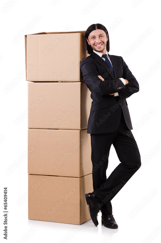 Funny man with boxes on white Funny man with boxes on white