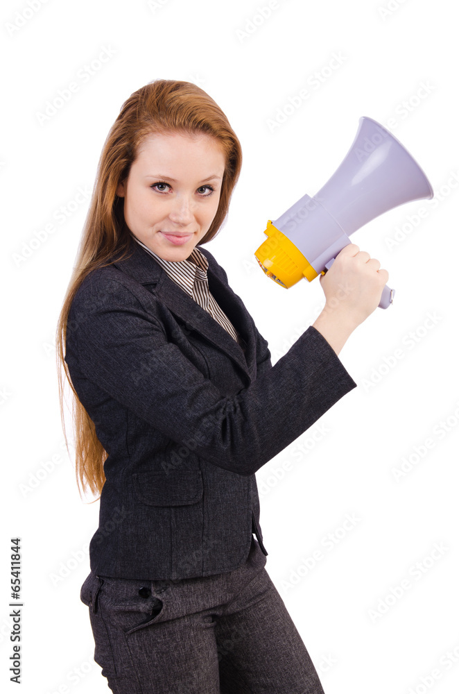 Woman with loudspeaker isolated on the white Woman with loudspeaker isolated on the white