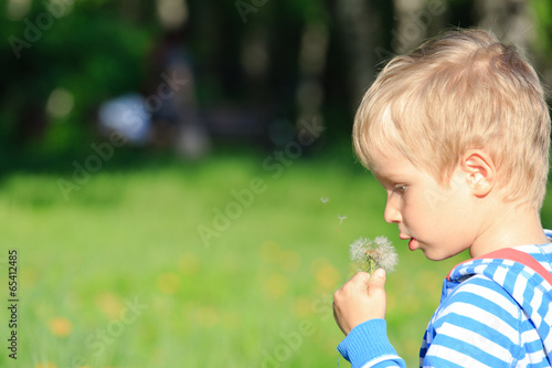 Boy blowing dandelion on summer day